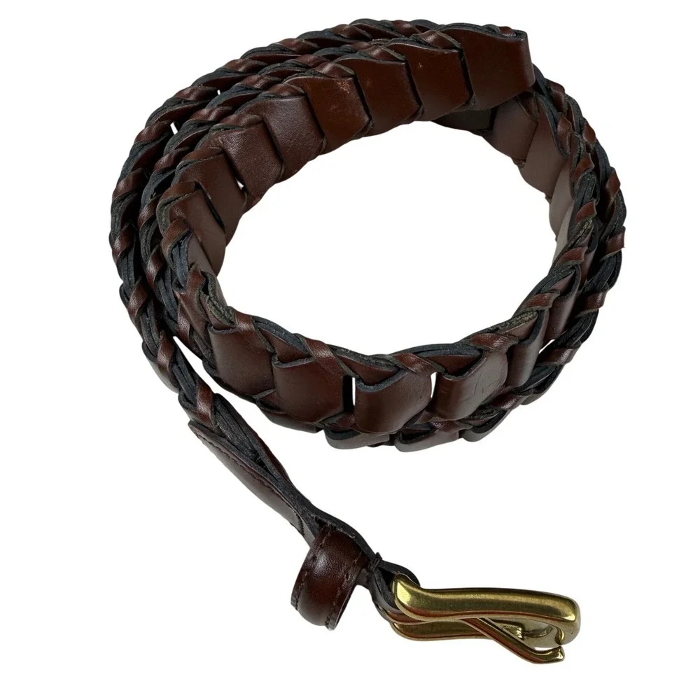 Vintage Brown Woven Leather Belt Size 38 Solid Brass Buckle Argentina
